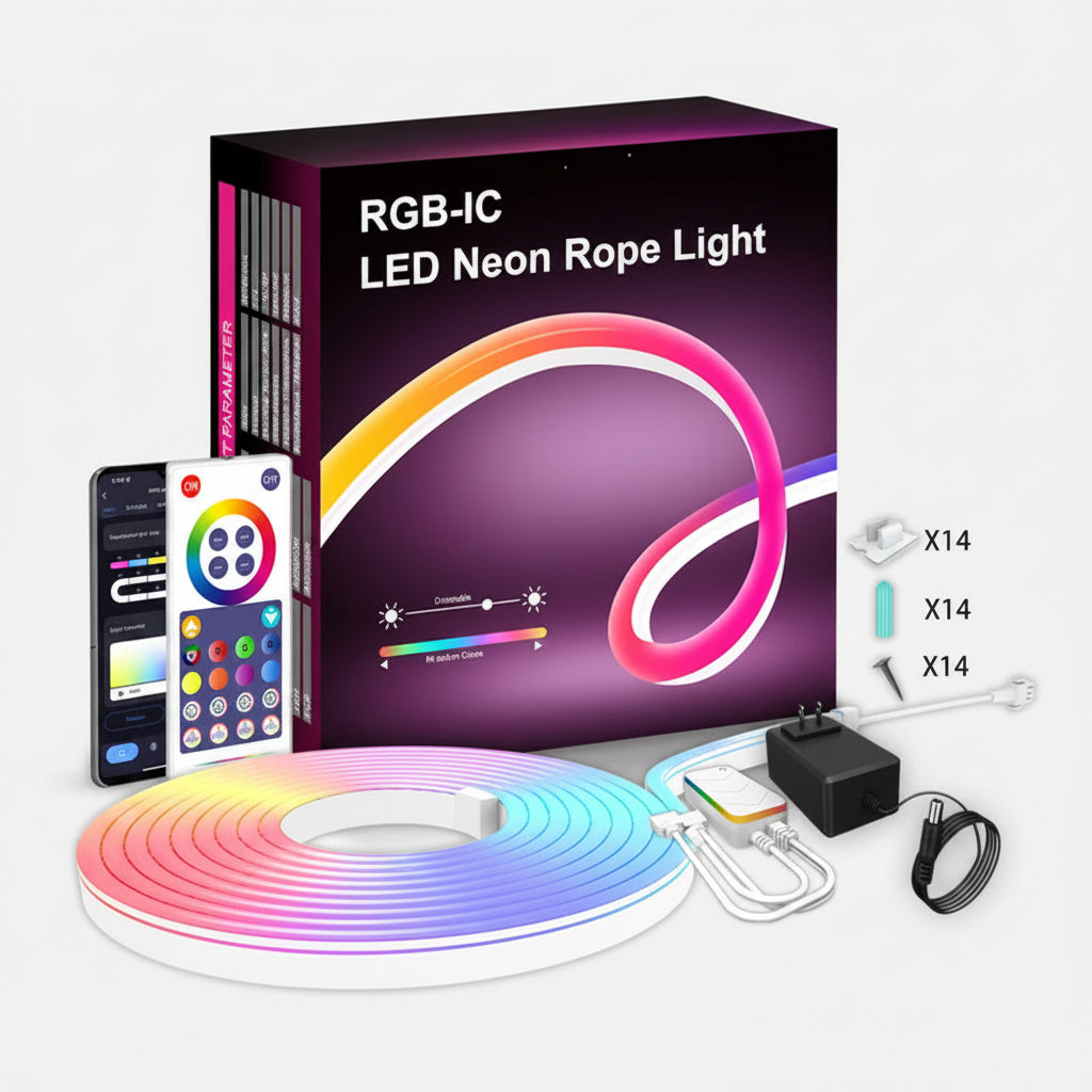 RGB-IC LED Neon Rope Light set with packaging, remote control, and accessories on a white background