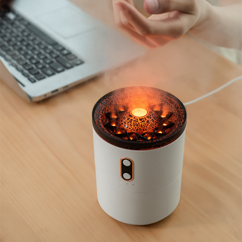 “Portable volcano humidifier with ultrasonic mist and flame LED design”