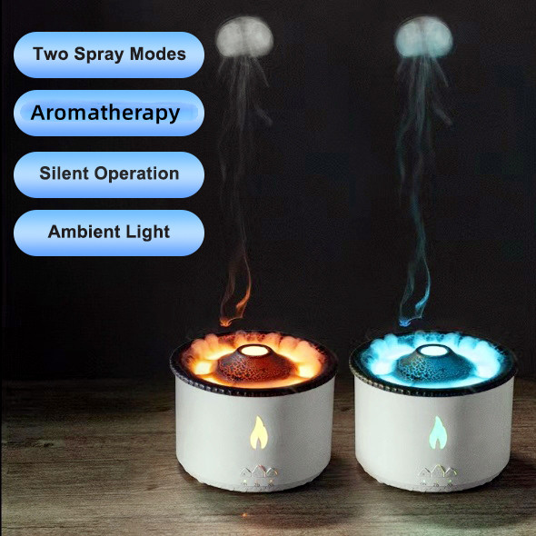 “Close up of volcano humidifier mist output with glowing lava effect”