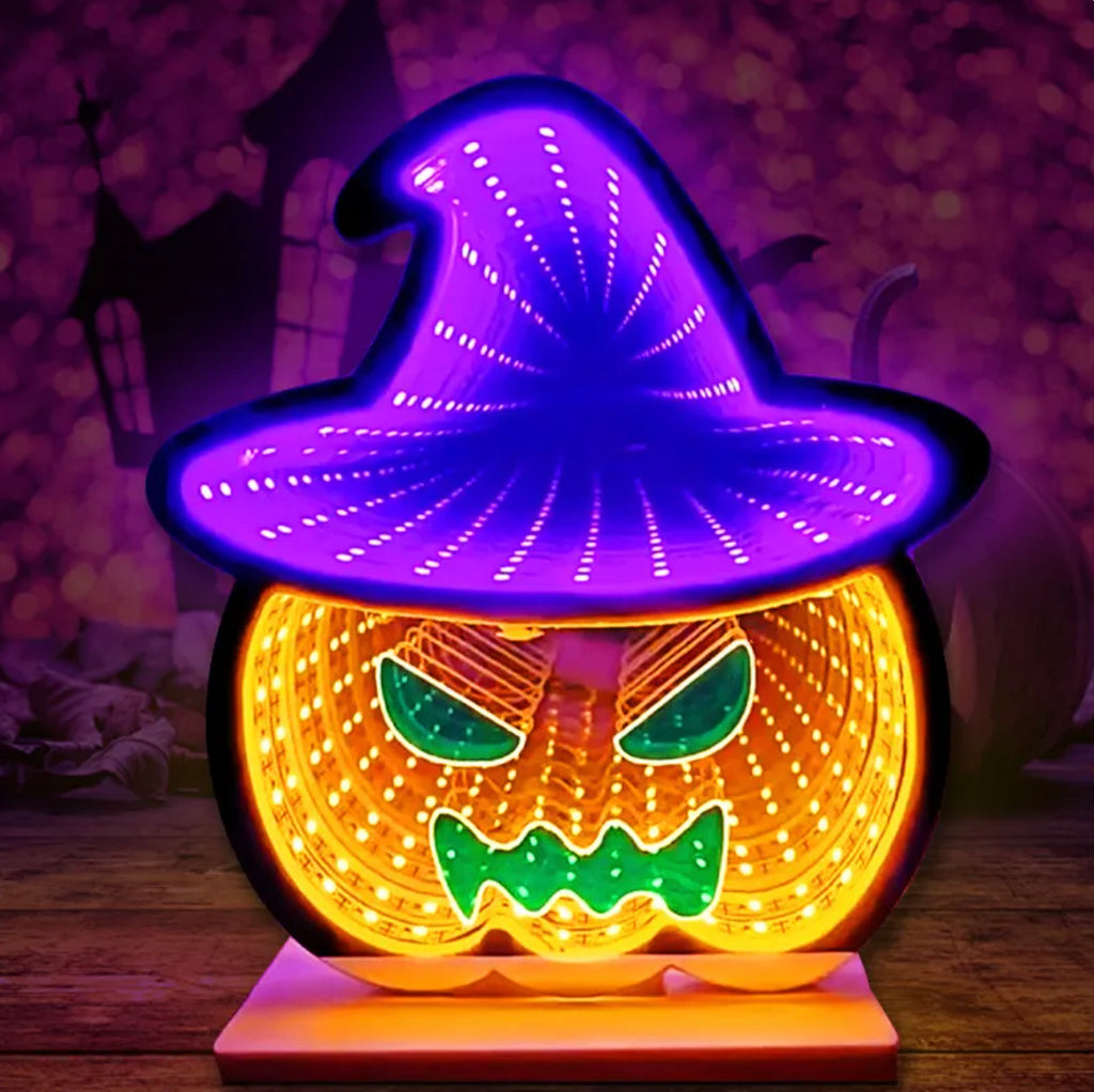 Halloween-themed light fixture with purple witch hat and orange pumpkin face on a wooden surface.