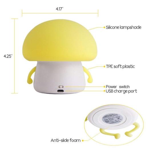 Yellow mushroom-shaped night light with measurements and feature labels on a white background