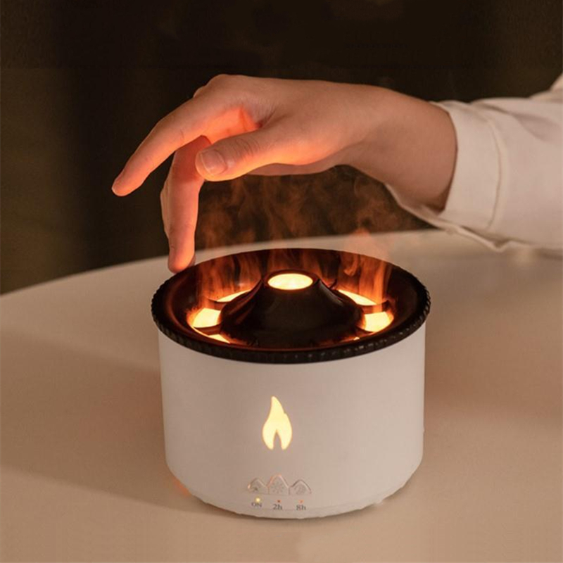 “Volcano lava humidifier with LED flame effect and ultrasonic mist diffuser”