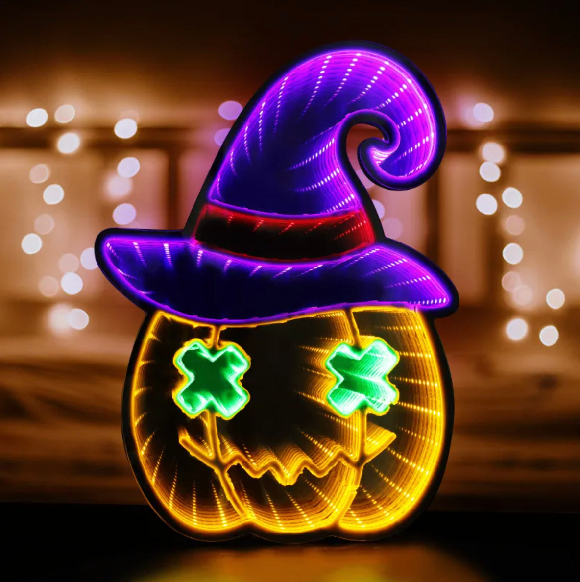 Halloween-themed light-up decoration with a purple witch hat and glowing green eyes on a blurred background.