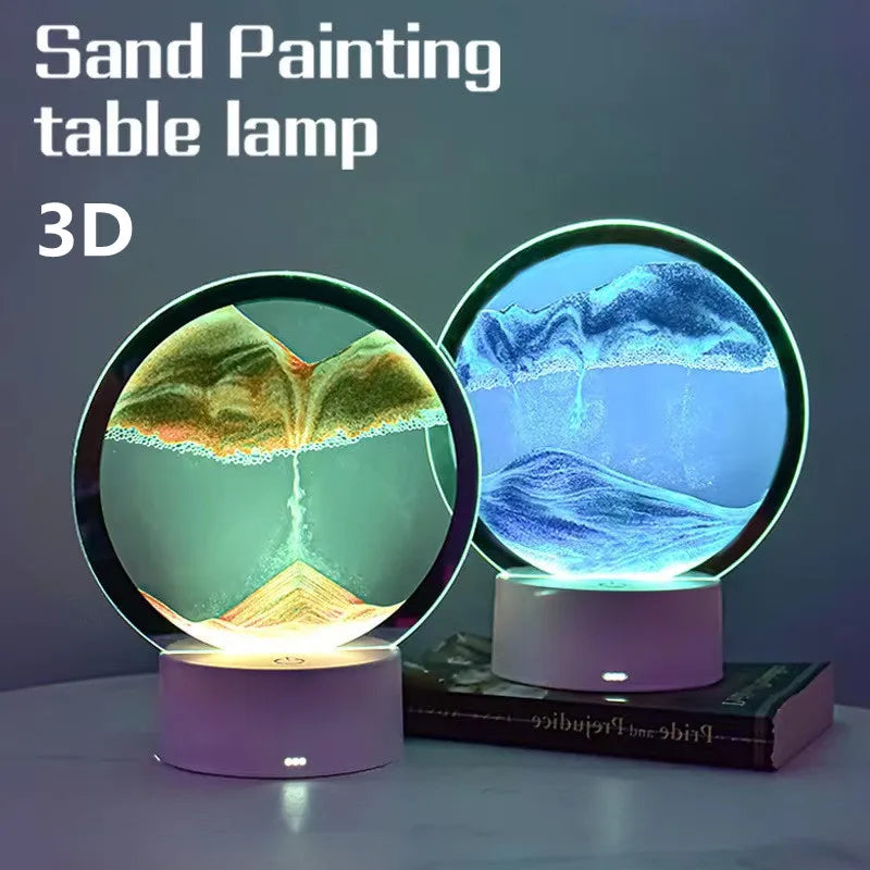 Two sand painting table lamps with 3D effects on a dark background