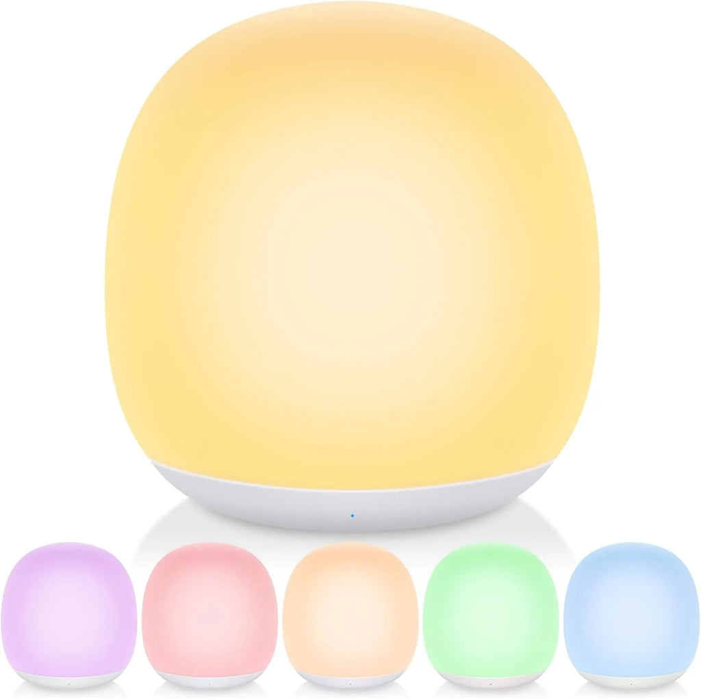 “LED night lamp creating calming mood lighting in nursery with mother relaxing”