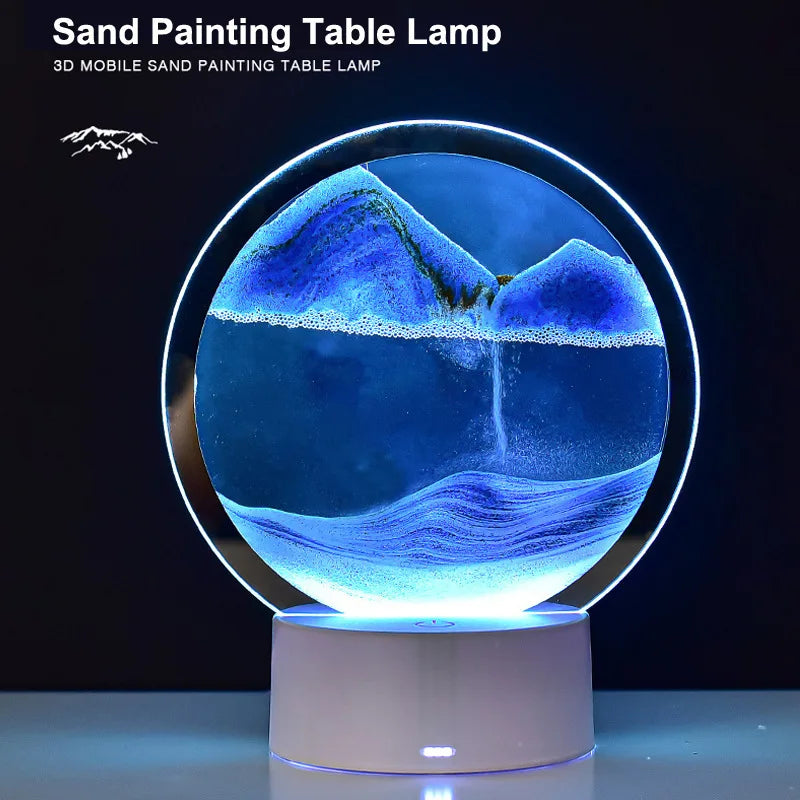 Sand painting table lamp with mountain and water design on a black background