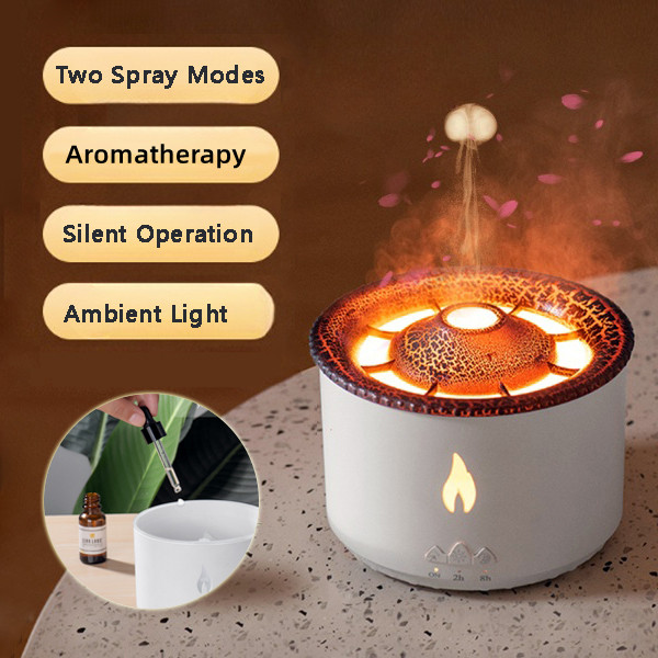 “Volcano lava humidifier for bedroom with relaxing LED flame atmosphere