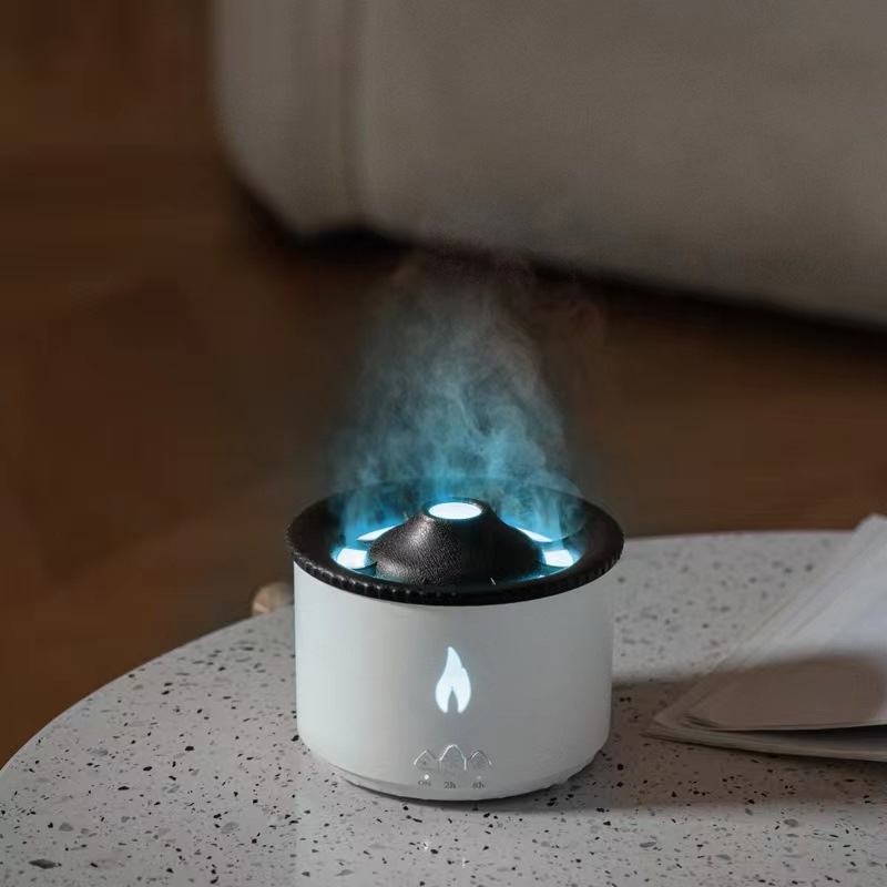 “Volcano humidifier in living room creating cozy ambient lighting and mis