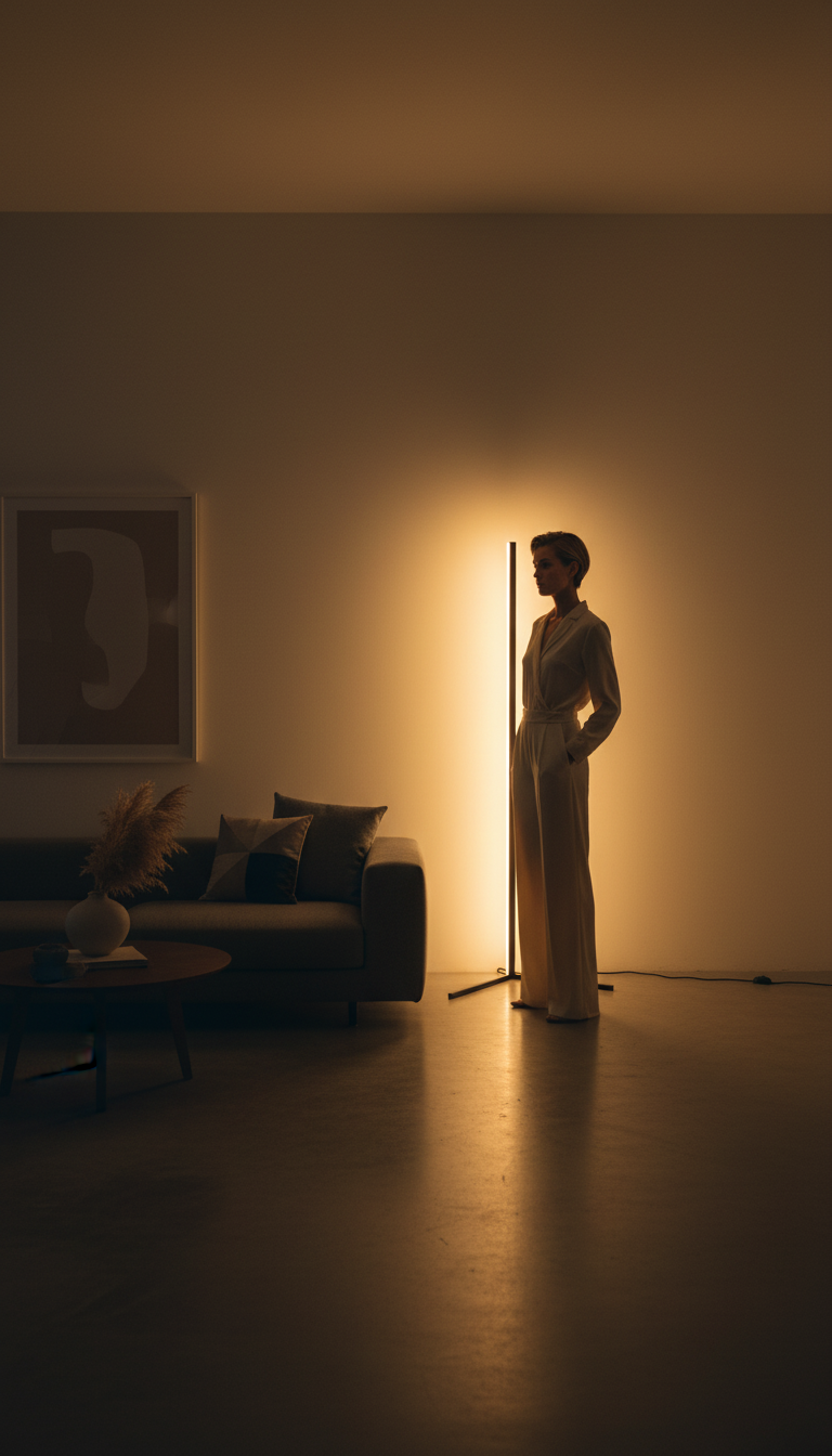 “Smart floor lamp with app control LED lighting and modern minimalist design”