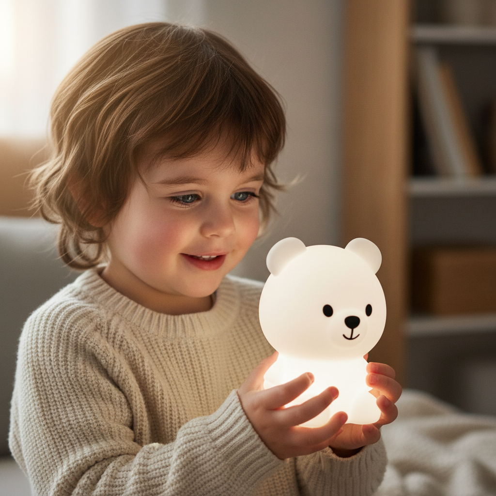 Child holding a bear-shaped night light in a cozy indoor setting