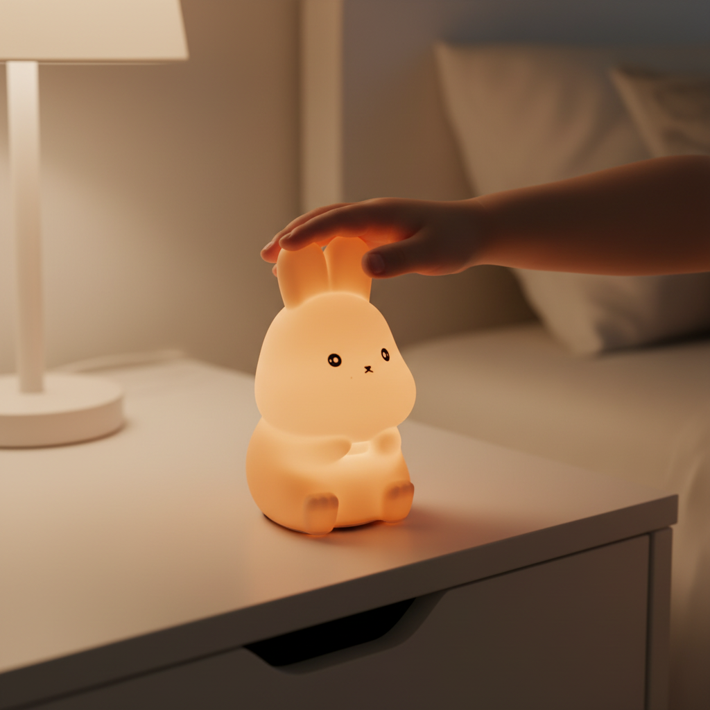Cute rabbit-shaped night light being held by a hand on a bedside table.