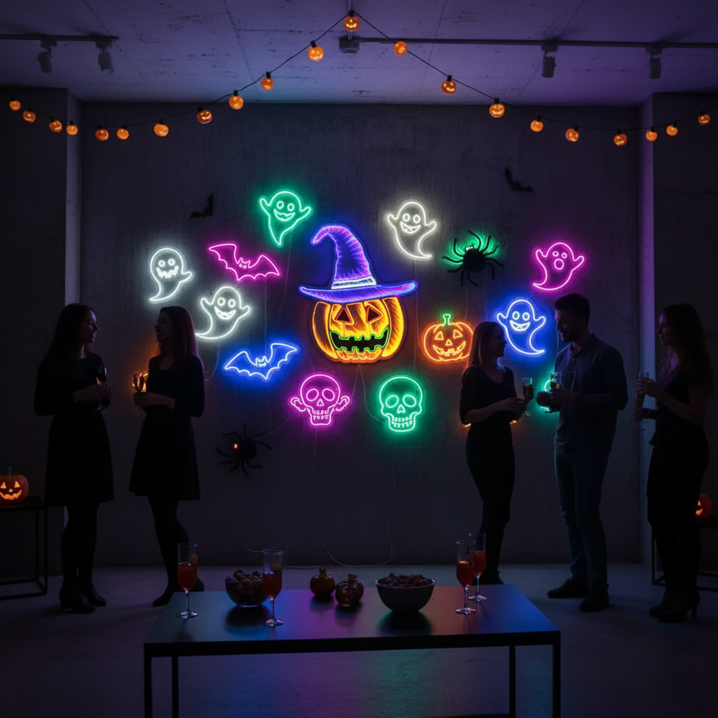 People standing in a dimly lit room with Halloween-themed neon lights on the wall.
