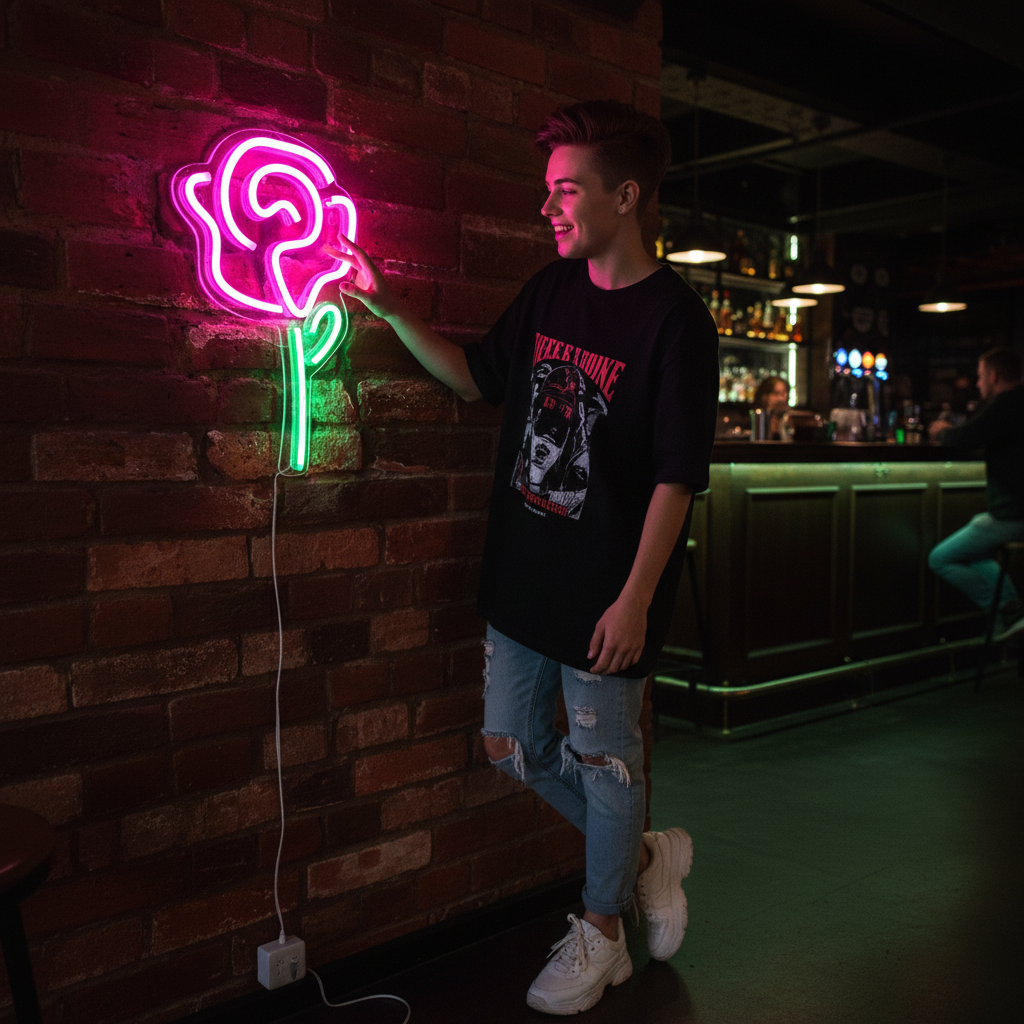 Person standing next to a neon rose sign in a bar setting
