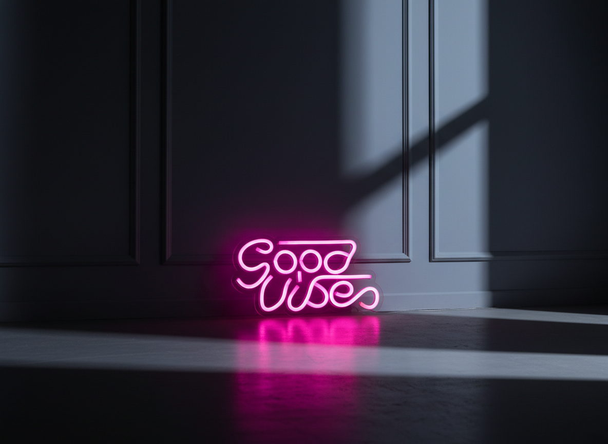 Neon sign with 'Good Vibes' on a dark floor