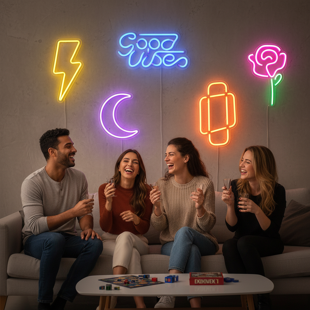 Four friends sitting on a couch with neon lights in the background