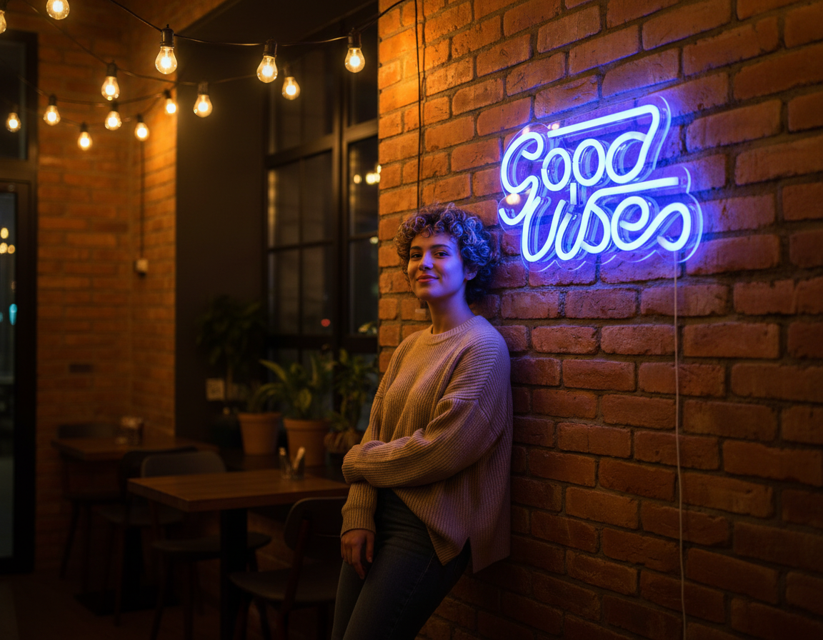 Person leaning against a brick wall with a neon 'Good Vibes' sign in a cozy indoor setting.
